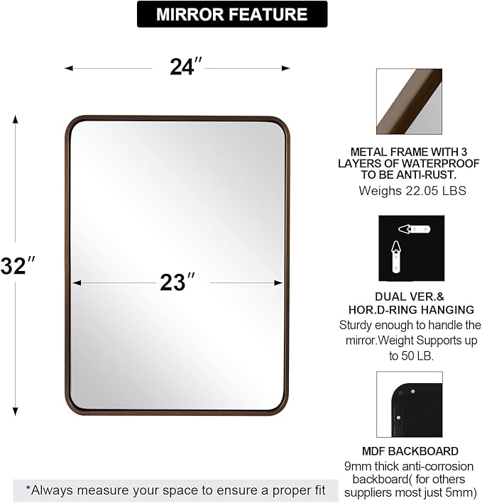 ANDY STAR 24x32 INCH Bronze Bathroom Mirror, Rounded Rectangle Oil Rubbed Bronze Mirrors for Bathroom,Tube Metal Framed, 1'' Deep Wall Mounted Vertically/Horizontal