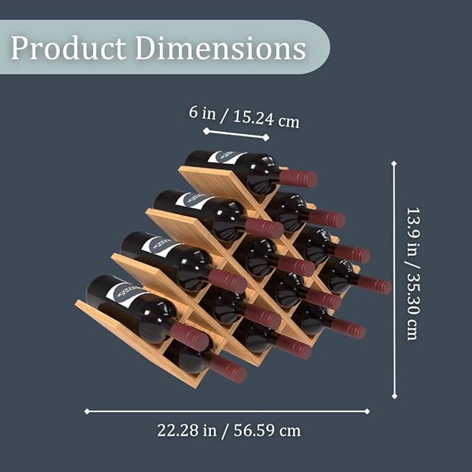 13 Bottle Bamboo Small Wine Rack for Countertop, No Tools Assembly, Modern Lattice Design, Durable, Wine and Liquor Bottle Storage for Small Spaces