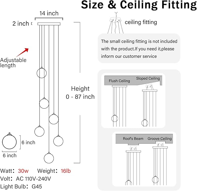 H 87in Globe Pendant Light 6-Lights Modern Hanging Chandelier for Kitchen Island Black Globe Chandelier Milk White Glass Pendant Lighting for Living Room Bedroom Entryway