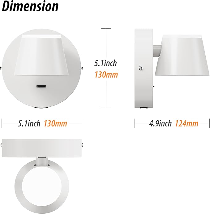 URSOLA Wall Light Set of Two, LED Wall Sconce with On/Off Switch USB Charging Port 110 Volt Hardwired Wall Lamp 350 Rotatable Up Down Sconces Wall Lighting (White)