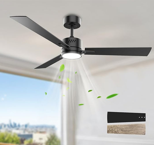Black Ceiling Fan with Light 52inch, Low Profile, Remote Control, Downrod Mount, Noiseless, Reversible, 6CCT, Dimmable, 6 speeds, Timeable, Ceiling Fans with Lights for Living Room, MDF