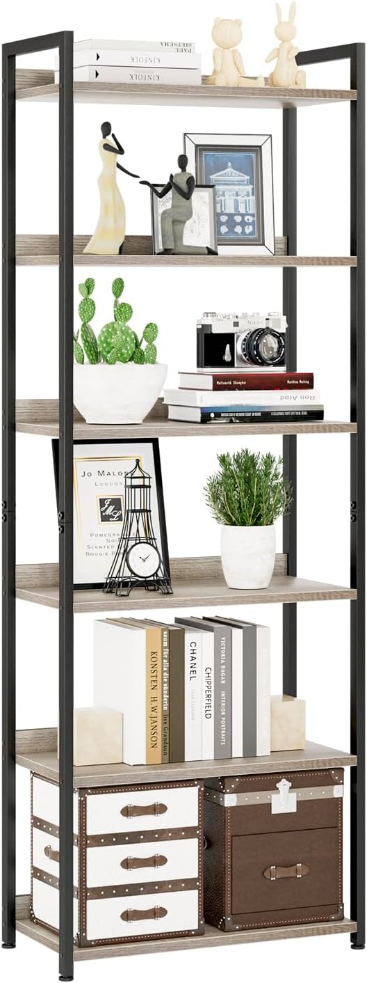 NUMENN Bookshelf, 6 Tier Bookshelfs, Home Office Bookcase Shelf Storage Organizer, Free Standing Storage Shelving Unit for Bedroom, Living Room and Home Office, Gray