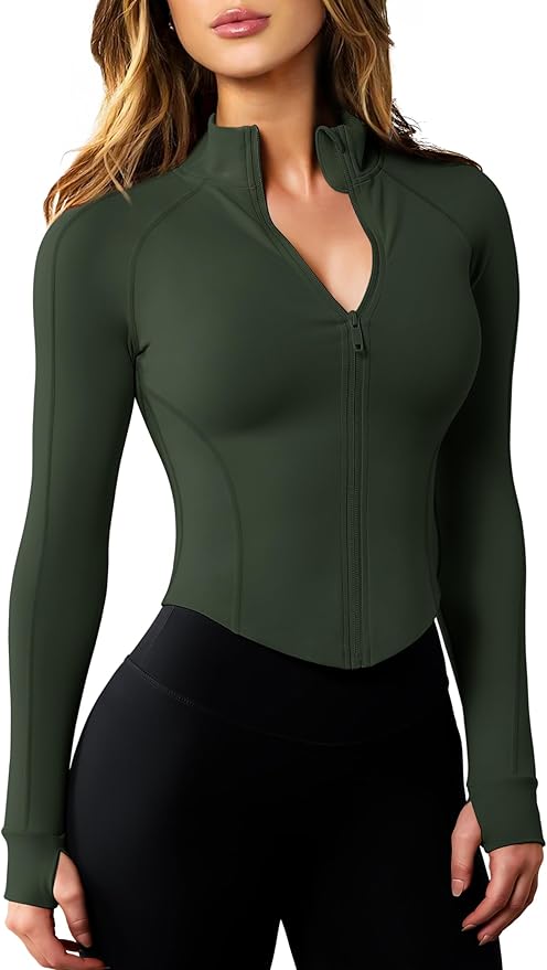 AVGO Women's Workout Jacket Lightweight Zip Up Cropped Yoga Jackets Slim Fit Athletic Tops with Thumb Holes