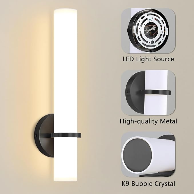 16W LED Dimming Wall Sconces 2 Packs, 3000K Warm Lights Dimmable, White Lampshade Bathroom Vanity Lighting Wall Light Fixtures for Bedroom Dining Living Hallway, Black