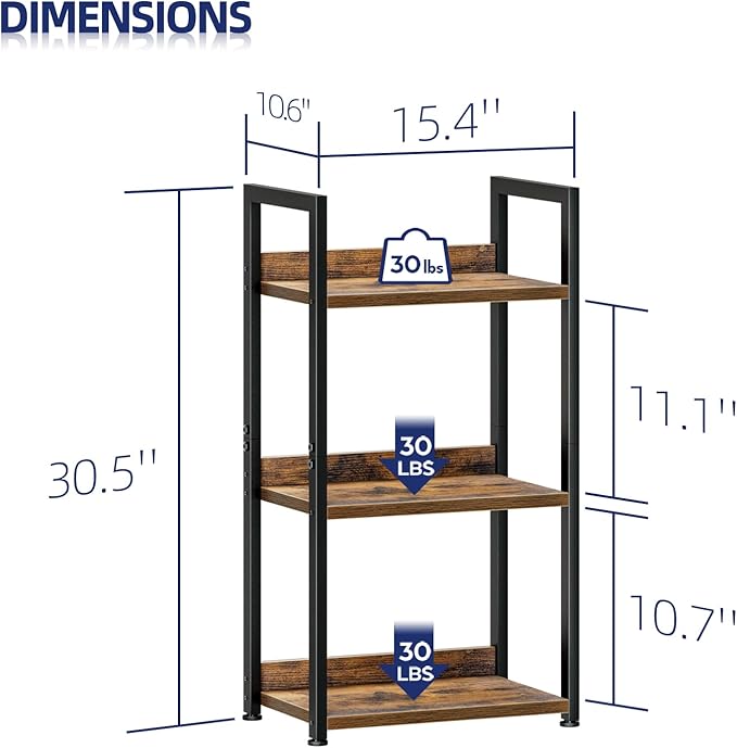 NUMENN Narrow Bookshelf, 3 Tier Bookshelfs, Home Office Bookcase Shelf Storage Organizer, Free Standing Storage Shelving Unit for Bedroom, Living Room and Home Office, Vintage