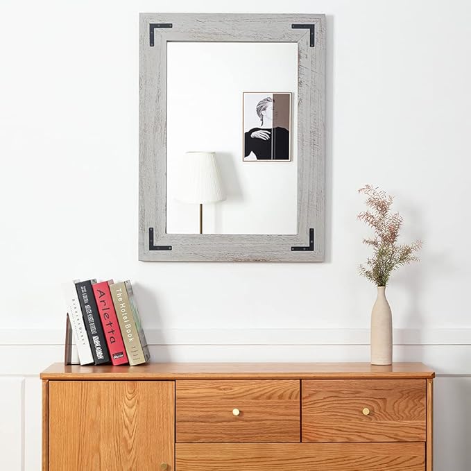 YOSHOOT Rustic Wooden Framed Wall Mirror, Natural Wood Bathroom Vanity Mirror for Farmhouse Decor, Vertical or Horizontal Hanging, 32" x 24",White Gray