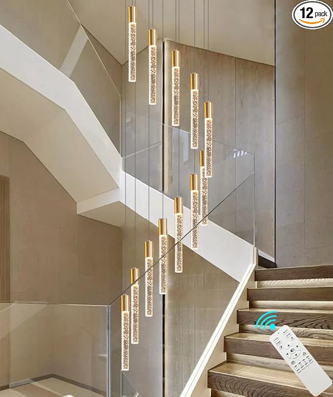 118" High Ceiling Chandelier Linear Crystal Pendants, Remote Dimmable, Compatible Sloped Ceilings, 12-Light Gold, 60 Watts LED, 4800 Lumens