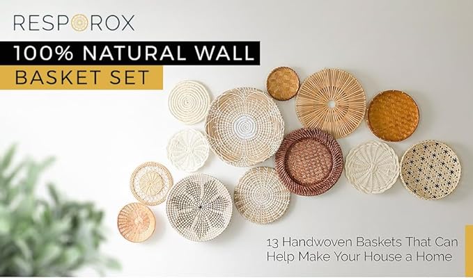 RESPOROX ELEGANCE YOUR WAY Set of 13 Hanging Woven Baskets for Wall Decor - Handcrafted Bamboo, Rattan &amp; Seagrass Baskets come with Hanger Nails, Marking Pencil &amp; Templates