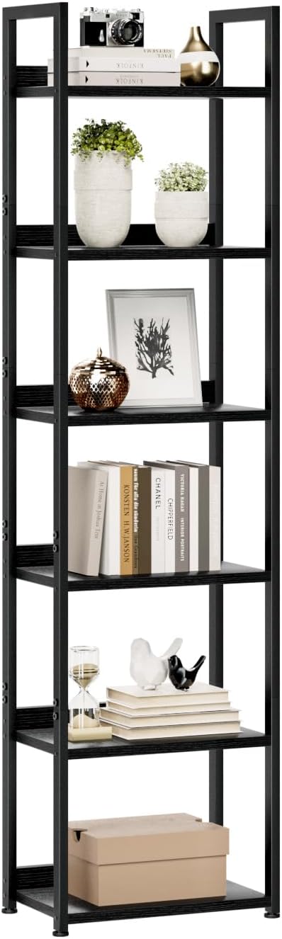 NUMENN Narrow Bookshelf, 6 Tier Bookshelfs, Home Office Bookcase Shelf Storage Organizer, Free Standing Storage Shelving Unit for Bedroom, Living Room and Home Office, Black