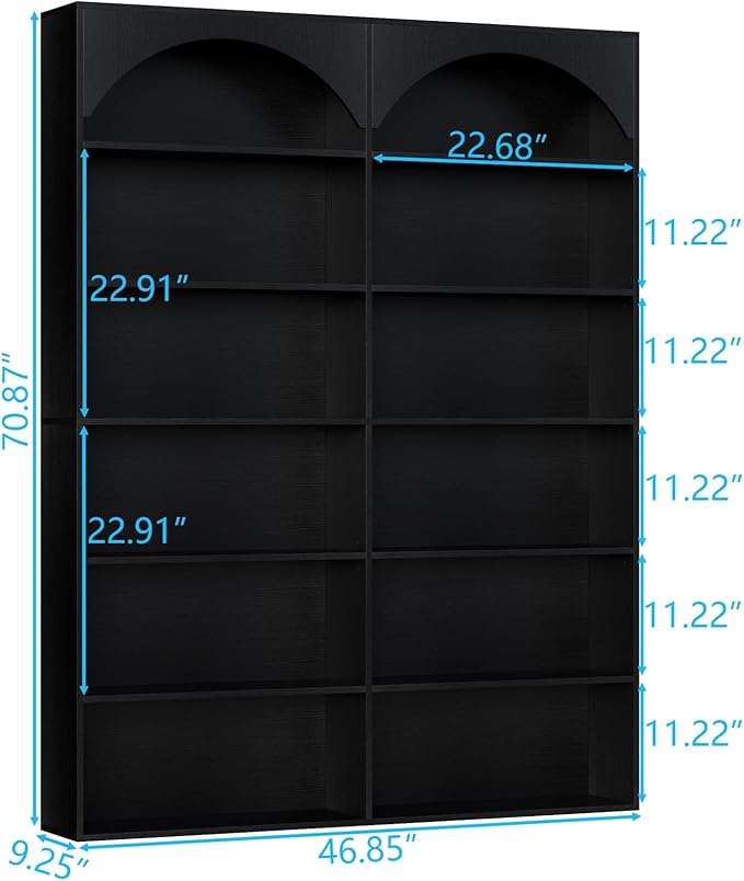 70.8'' Tall Bookshelf and Bookcase, 7-Tier Double Wide Bookcase Modern Large Open Display Shelves with Curved Baffle for Home Office Living Room (Black)