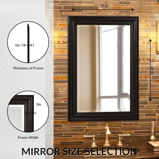 Howard Elliott George Rectangular Glossy Black Wall Mirror, Rectangle Hanging Wood Framed Vanity Mirrors for Home Decor, Living Room, Bathroom, Bedroom, or Hallway, 24 x 36 Inch