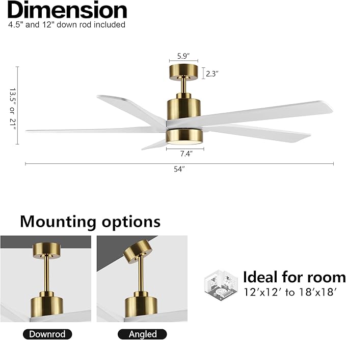 WINGBO 54 Inch DC Ceiling Fan with Lights and Remote Control, 5 Reversible Carved Wood Blades, 6-Speed DC Motor, Modern Ceiling Fan in Brass Finish with White Blades, ETL Listed