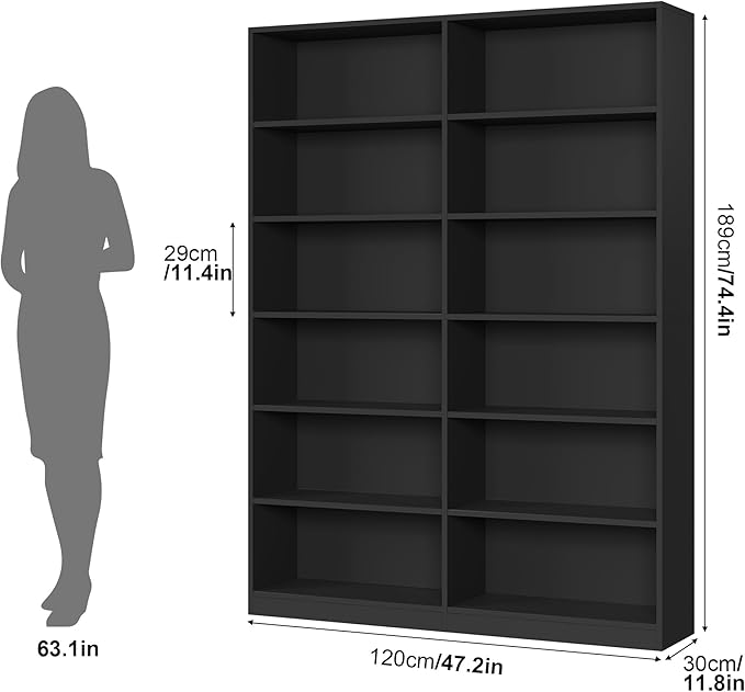 Bookshelf and Bookcase, 6-Tier Double Wide Bookshelfs, Freestanding Display Storage Shelves, Tall Bookcases for Home Decor Bedroom, Living Room, Home Office,Black