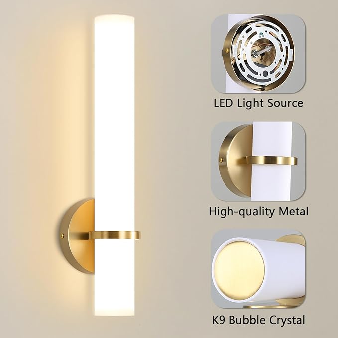 16W LED Dimming Wall Sconces 2 Packs, 3000K Warm Lights Dimmable, White Lampshade Bathroom Vanity Lighting Wall Light Fixtures for Bedroom Dining Living Hallway, Antique Gold