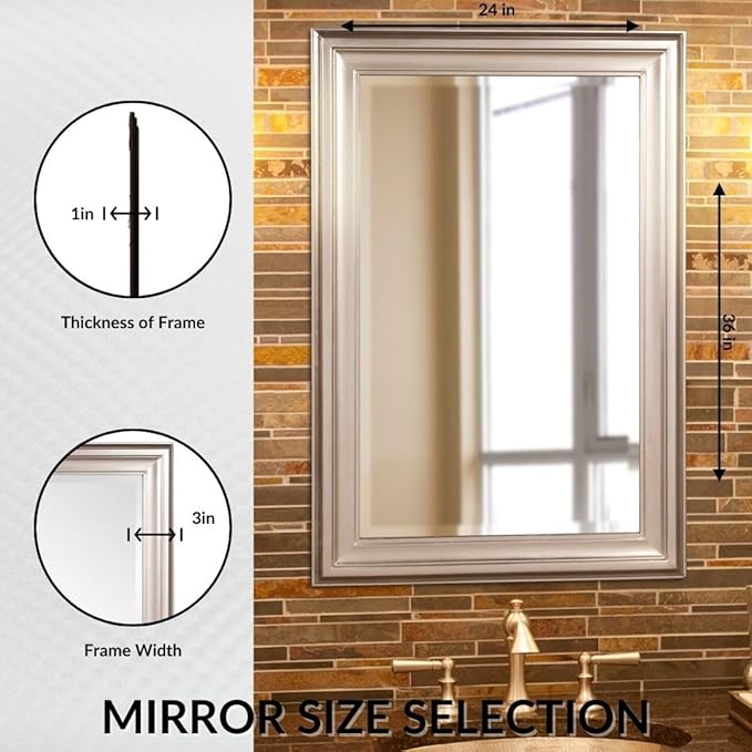 Howard Elliott George Rectangular Bright Silver Wall Mirror, Rectangle Hanging Wood Framed Vanity Mirrors for Home Decor, Living Room, Bathroom, Bedroom, or Hallway, 24 x 36 Inch