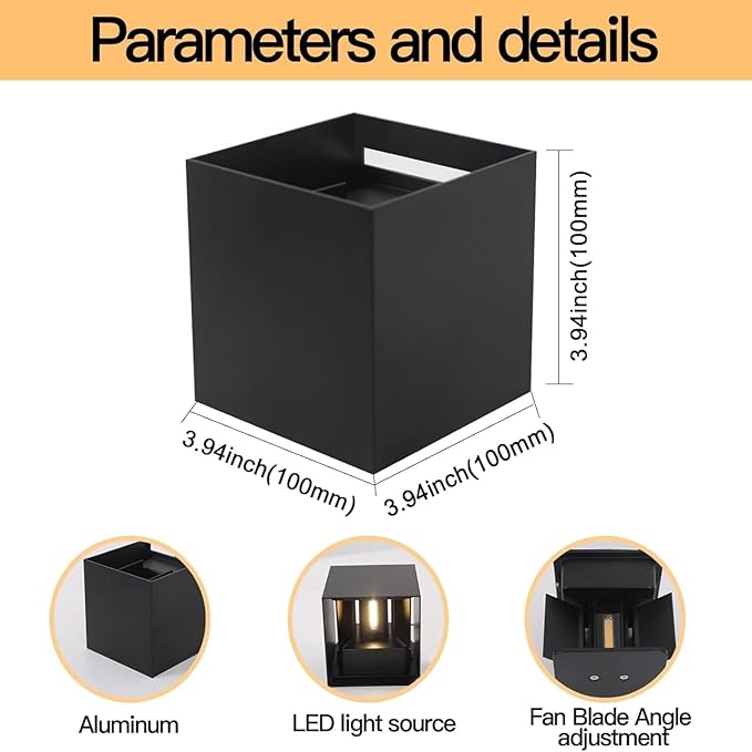 12W 2Pack Outdoor Wall Lights Exterior/Interior,LED Black Outdoor Wall Sconces Light Fixtures Modern,IP65 Waterproof Square Aluminum Wall Lamps, Up and Down Lights 6500K Cold Lights