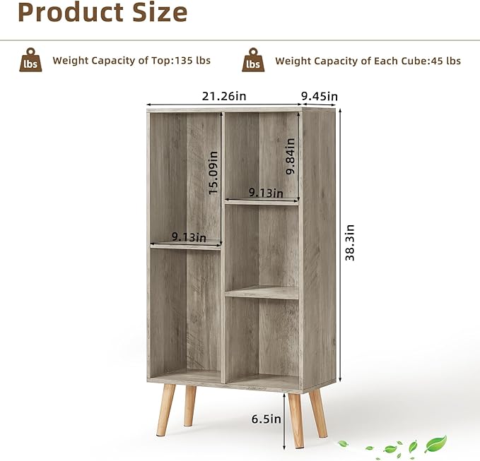 5 Cube Small Bookshelf,3 Tier Mid-Century Modern Bookcase with Legs,Wood Bookshelfs Storage Organizer Shelf,Free Standing Narrow Book Shelves,Rustic Gray Corner Bookcases for Bedroom,Living Room