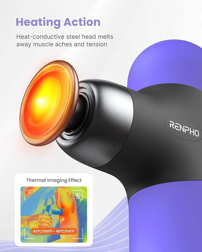 RENPHO Mini Thermal Massage Gun with Heat, Portable Deep Tissue Percussion Massager, Color Silicone Sleeves Travel Size with Carry Case, Purple