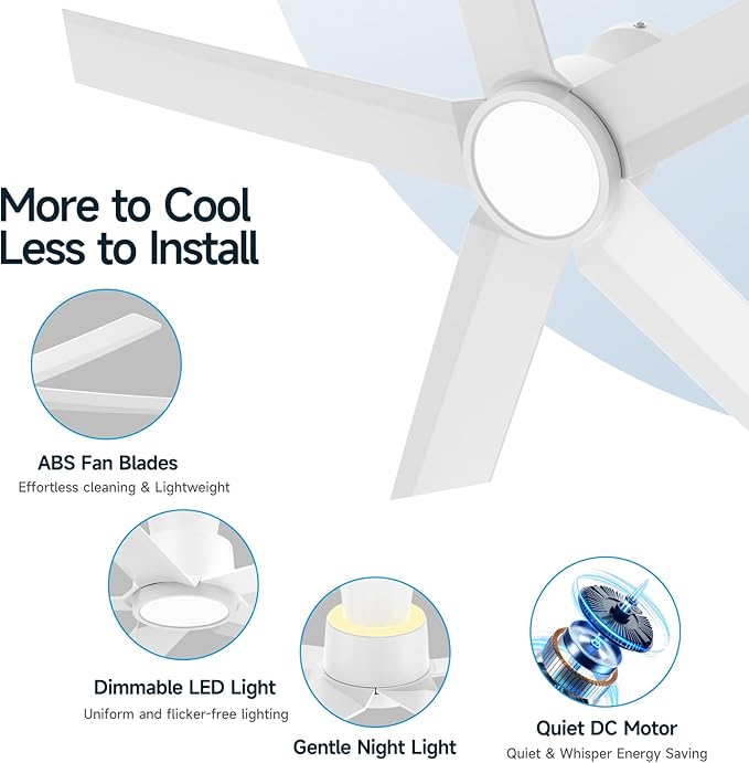 ocioc 52 Inch Ceiling Fans with Lights, Large Air Volume Ceiling Fan with Backlight, Ultra Quiet Reversible DC Motor with Remote（White）