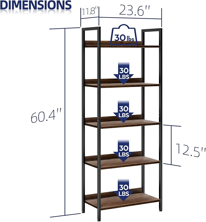 NUMENN Bookshelf, 5 Tier Bookshelfs, Home Office Bookcase Shelf Storage Organizer, Free Standing Storage Shelving Unit for Bedroom, Living Room and Home Office, Dark Walnut