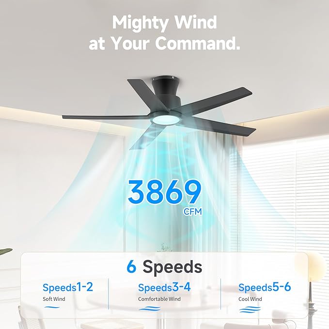 ocioc 44 inch Ceiling Fans with Lights and Remote, Dimmable Ceiling Fans with Reversible Quiet DC Motor, Flush Mount, 3CCT, Black Ceiling Fan for Bedroom Living room Indoor/Outdoor