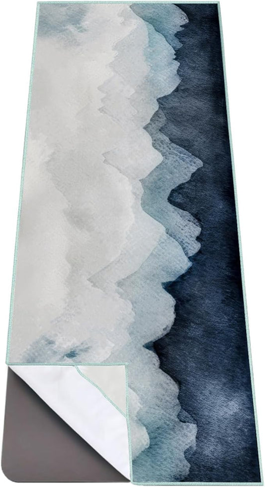QIYI Large Yoga Mat Towel with Corner Pockets, Non Slip Sweat Absorbent Hot Yoga Towels, Soft Yoga Blankets with Travel Bag, Skidless Mat Cover for Workout, Gym, Fitness - 74"x26", Watercolor Mountain