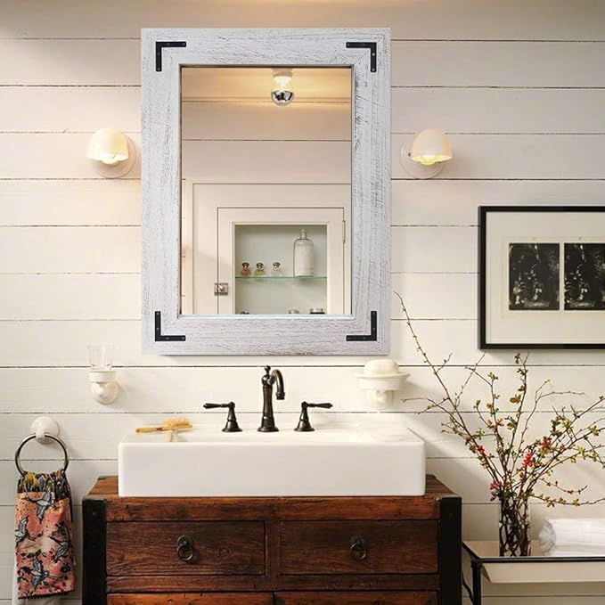 YOSHOOT Rustic Wooden Framed Wall Mirror, Natural Wood Bathroom Vanity Mirror for Farmhouse Decor, Vertical or Horizontal Hanging, 32" x 24",White Gray