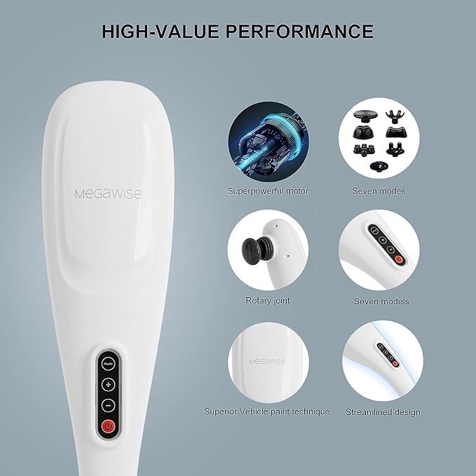 MEGAWISE Cordless Handheld Back Massager w/Rechargeable 3200mAh Battery, 5 Speed and 5 +2 Massage Nodes with Hard, Medium and 2 Soft Silicone Nodes; Massage While Moving Around (Pearl White)