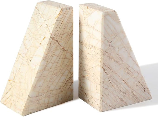 Marble Bookends，Natural Decorative Bookend for Shelves, Non-Skid Book End for Heavy Books, Idea Book Stoppers &amp; Holder for Desk Bookshelf Decor, Modern Home Decor Cream Color Book Ends, Set of 2