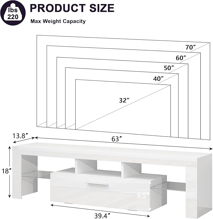 63 inch Modern High Gloss LED TV Stand with Storage for 40 50 55 60 65 70 inch TV, Gaming Entertainment Center, TV Cabinet with Glass Shelves for Living Room, Bedroom, White