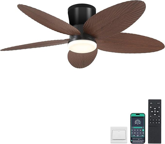 Palm Leaf Ceiling Fans with Lights-42 Tropical Ceiling Fan with Light and Remote/APP Control,Flush Mount Low Profile Ceiling Fans for Bedroom,Indoor/Outdoor Patio Use(Brown)