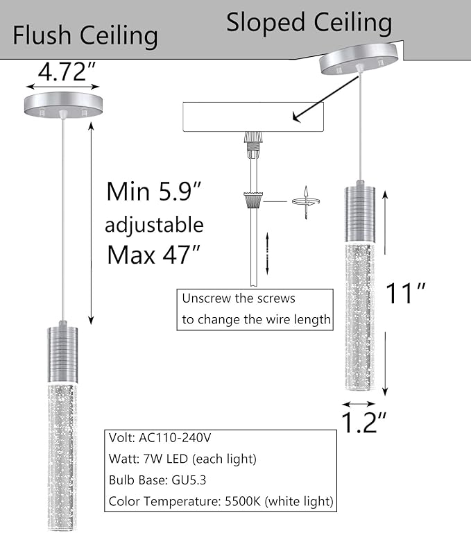 Set of 2 Pendant Lights for Kitchen Island, White Light, Silver Crystal Linear Pendant Lighting, Bar Corner LED Light Fixture