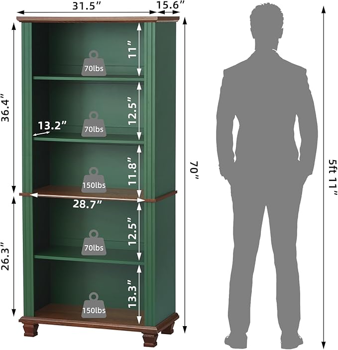 70" Tall Green Bookshelf,5 Tier Wooden Book Shelf with Adjustable Shelves &amp; Wood Legs,Free Standing Farmhouse Bookcase with Open Display Storage,Vintage Bookshelfs for Library,Classroom