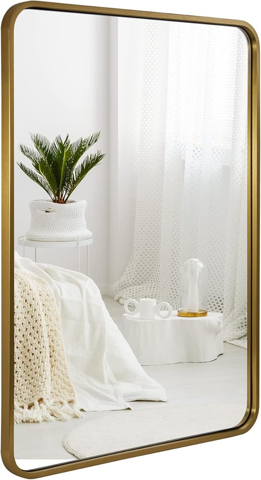 ANDY STAR Brass Mirror Bathroom, 22x30'' Rounded Rectangle Mirror, Brushed Gold Bathroom Vanity Mirror Non-Rusting SUS304 Metal Tube Frame 1'' Deep Wall-Mounted Mirrors Vertical/Horizontal