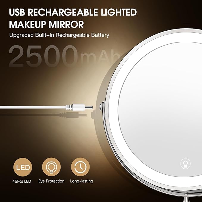 Wall Mounted Lighted Makeup Mirror, 8" Rechargeable Double-Sided Light up Magnifying Mirror 1x/10x, 3 Color Led Vanity Mirror with Lights, Touch Dimmable 360° Rotation Foldable-Nickel