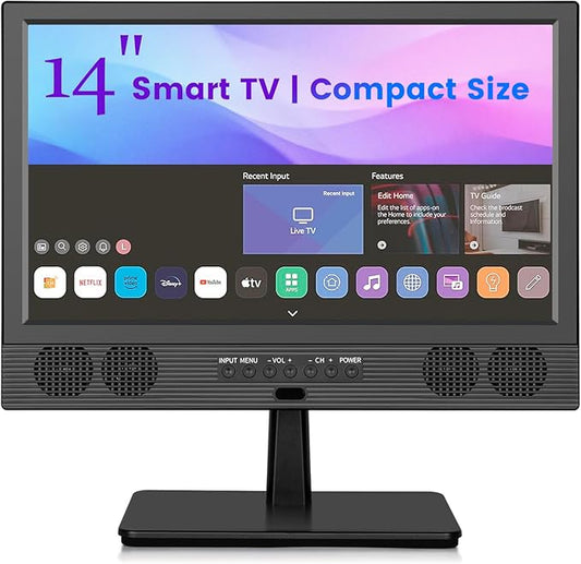 Feihe 14 Inch Small Smart TV, HD LED Flat Screen Smart Television with ATSC Tuner/HDMI/USB/AV for Kitchen, RV, Camper, Bedroom or On-The-Go Entertainment