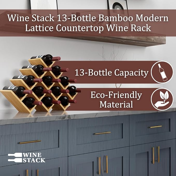 13 Bottle Bamboo Small Wine Rack for Countertop, No Tools Assembly, Modern Lattice Design, Durable, Wine and Liquor Bottle Storage for Small Spaces