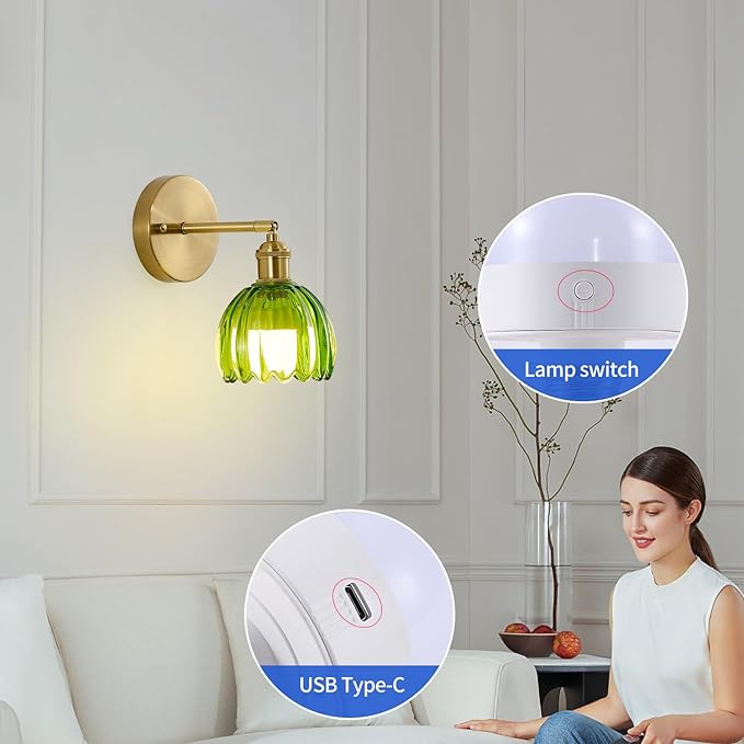 Vintage Battery Operated Wall Sconce 1 Pack, Green Tulip Glass Shade Gold Wall Lamp with 12 Inch Cable Switch, Modern Bathroom Wall Sconces for Bedroom Corner Hallway