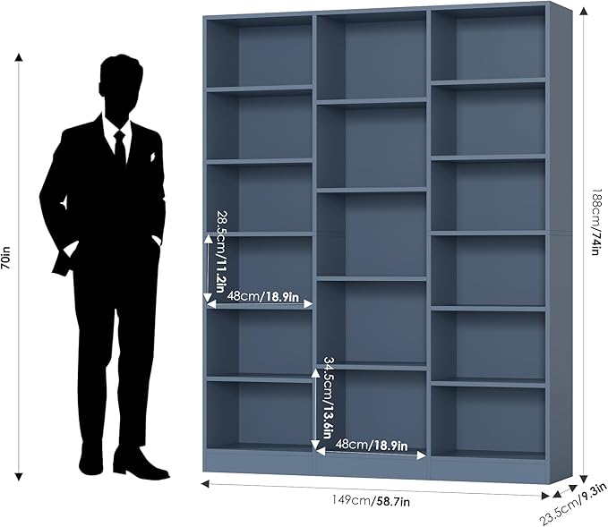 Triple Wide Bookshelf, 6 Tier Large Bookshelf, Bookcase with 17 Open Display Shelves, 74'' Tall Bookcases and Bookshelfs for Living Room, Home Office, Library, Blue