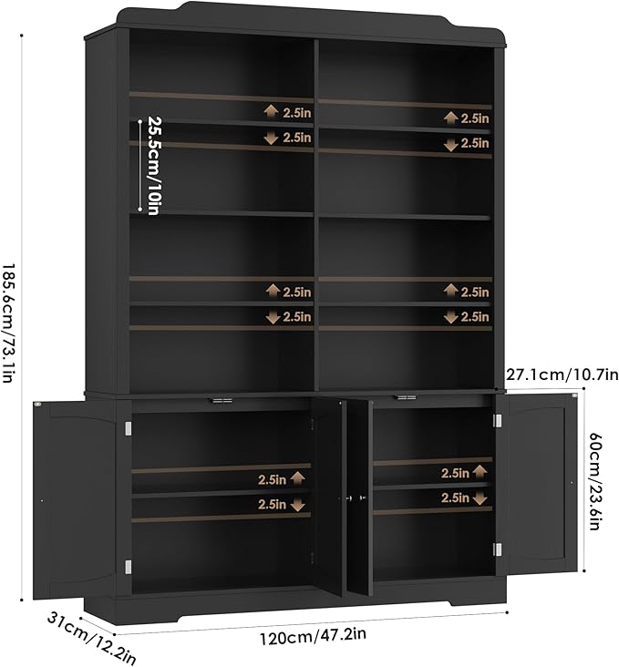 73.1" Tall Bookcase and Bookshelf, Wide Bookshelf with Doors and Adjustable Shelves, 6 Tier Large Bookshelfs with Storage, Tall Storage Cabinet for Living Room, Home Office, Black
