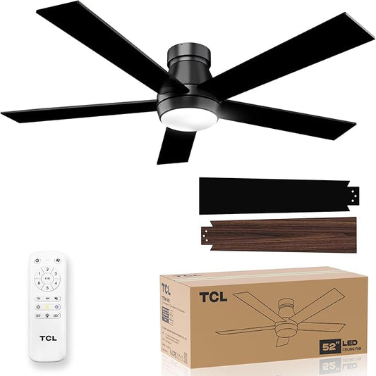 TCL 52" Black Ceiling Fan with Light and Remote, Modern LED 3-Color, 3CCT, Quiet Motor for Bedroom, Living Room, Dining Room, Ceiling Fans with Lights (Black)