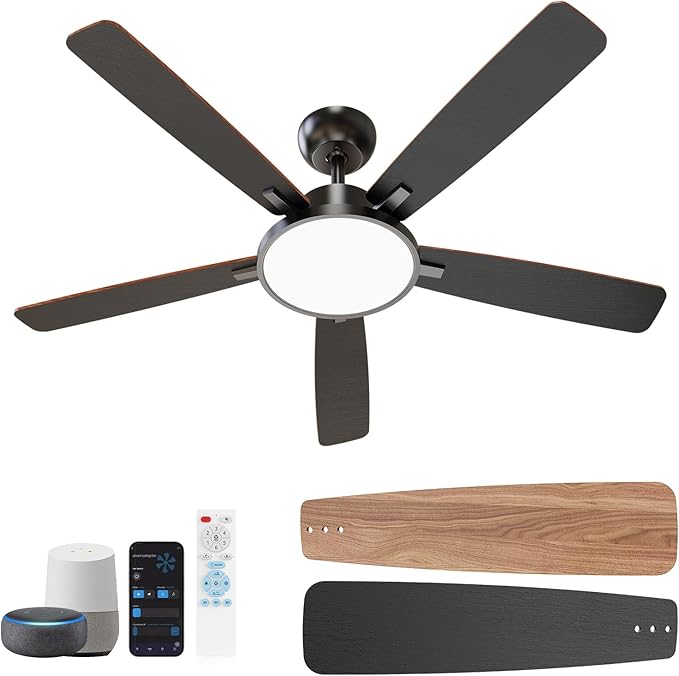 TALOYA 52 Inch Black Smart Ceiling Fans with Lights Led Remote Control Flush Mount Low Profile for Bedroom Living Dining Room Outdoor Farmhouse Patio,Reversible,DC Motor,3 Color Temperatures,5 Blades