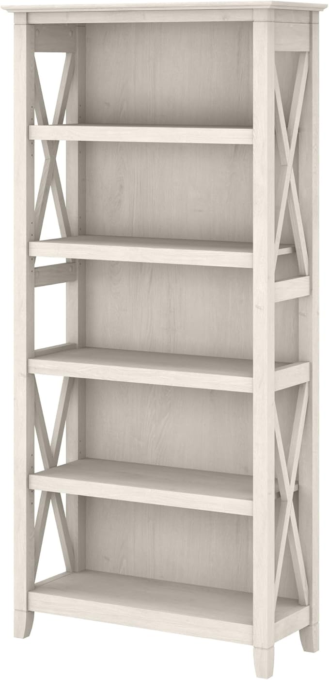 Bush Furniture Tall 5 Shelf Bookcase for Living Room or Home Office, Large Bookshelf, Modern Farmhouse Style, Key West Collection, Linen White Oak