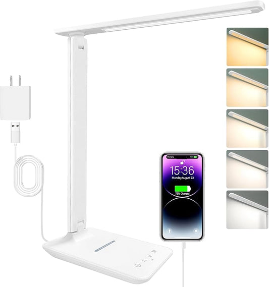 White crown LED Desk Lamp with 15W Wireless Charger &amp; USB Port, Dimmable Table Lamp with 5 Lighting Modes, Sensitive Touch Control, Foldable &amp; Portable Desk Light for Home, Office, Bedroom, Reading