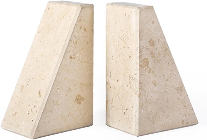 Marble Bookends for Heavy Books, Decorative Book Ends for Shelves, Beige Stone Durable and Heavy-Duty Book Ends for Hardback Books &amp; CDS, Unique Book Stopper &amp; Holder, Set of 2