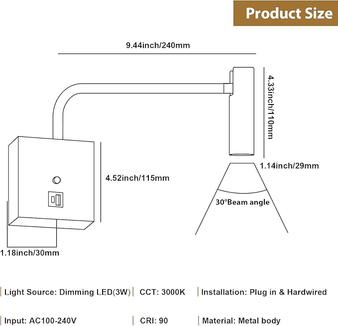 ZEROUNO LED Wall Lamp Wall Mounted Reading Lights, Dimmable Adjustable Headboard Plug in Wall Sconce with USB C+A Ports, Indoor LED Wall Lighting for Bedroom Bedside 3000K 2 Pack