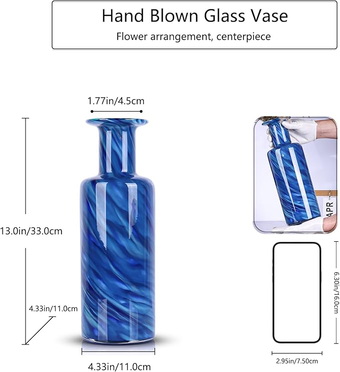 LCCCK 13" Tall Glass Vase Pretty Hand Blown Glass Vase, Unique Colorful Flower Vases for Bouquet, Modern Sea Art Decorative Vase for Home Living Room Kitchen Bathroom Dining Table Centerpieces
