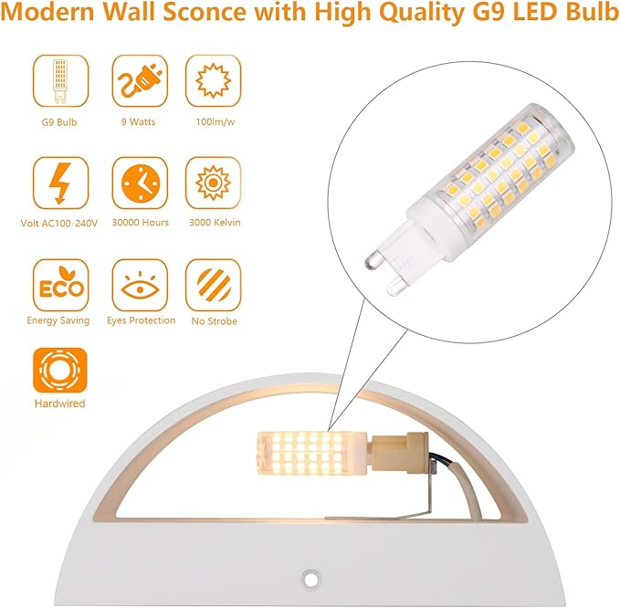 Aipsun Aluminum Modern Indoor LED Wall Sconce Hardwired Interior Wall Lights Set of 2 Up and Down Wall Mount Light for Living Room Bedroom Hallway Corridor Warm White 3000K(with G9 Bulbs)