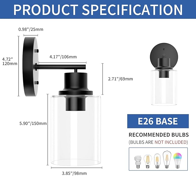 GORDNWE Set of 2 Bathroom Wall Sconce, Matte Black Vanity Light, Modern Wall Light Fixture with Clear Glass Shade and E26 Bulb Base, Wall Lamp Wall Mount Light Fixtures for Mirror, Bedroom