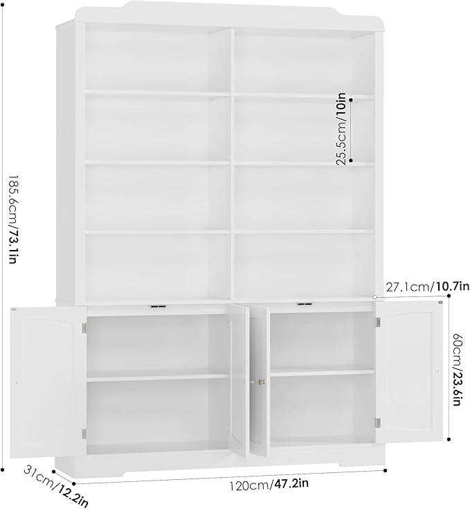 73.1" Tall Bookcase and Bookshelf, Wide Bookshelf with Doors and Adjustable Shelves, 6 Tier Large Bookshelf with Storage, Tall Storage Cabinet for Living Room, Home Office, White